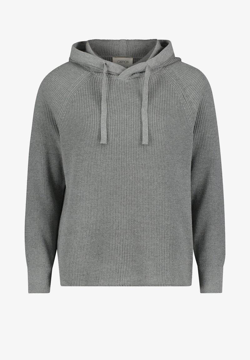 Hoodie gris à manches longues en maille, avec cordons de serrage et poignets côtelés, présentant un motif tissé texturé.