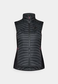 Černá zateplená vesta s vysokým límcem, prošívaným designem a kontrastními růžovými zipy. Úzký střih, který na bocích pruží pro pohodlí.