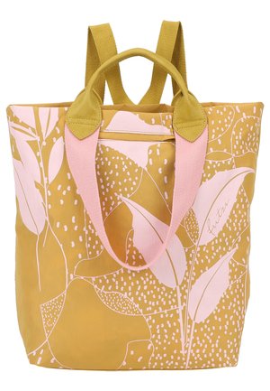 Tasche mit senfgelbem Hintergrund, rosa Blättermustern, doppelten gelben und rosa Griffen sowie einer Reißverschlusstasche auf der Rückseite.