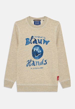 Beige genser med rund hals, prydet med blå grafisk tekst og logo. Laget av mykt stoff, med ribbede ermer og kant.