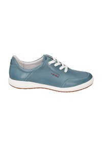 Blaue Leder-Sneaker mit weißen Schnürsenkeln, Gummisohle und kontrastierenden Akzenten. Verfügt über Stickdetails und eine glatte Textur.