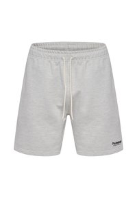 Grijze katoenen shorts met een elastische tailleband en een trekkoord. Zwart logo aan de rechter onderkant, casual ontwerp, zachte textuur.