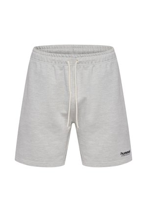 Grå bomullsshorts med elastisk midja och dragsko. Svart logotyp på nedre högra sidan, avslappnad design, jämn textur.