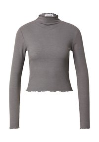 Graues, geripptes Langarmoberteil mit hohem Stehkragen und Rüschensaum. Der Saum ist wellenförmig und schafft eine verkürzte Silhouette.