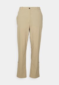 Beiga byxor tillverkade av lättviktigt tyg med rak ben-design, framfickor och små svarta detaljer vid fållarna.