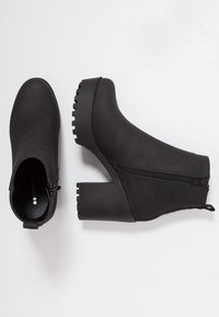 Stivali neri alla caviglia in materiale morbido con chiusura a zip, tacco spesso e suola testurizzata e scanalata. Design compatto con dettagli minimi.