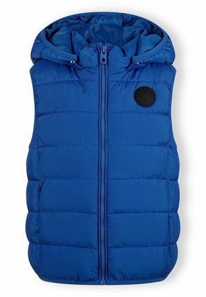 Veste matelassée bleu avec capuche, équipée d'une fermeture éclair, d'un design matelassé et d'un patch logo en caoutchouc noir sur la poitrine. Matière synthétique lisse.