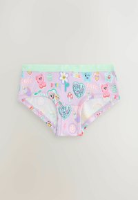 Slip hipster in cotone viola con elastico verde menta, caratterizzato da motivi stampati colorati di personaggi dei cartoni animati, fiori e faccine sorridenti.