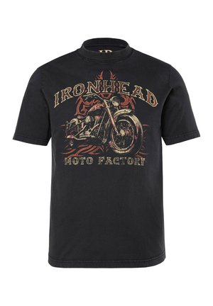 Musta t-paita, jossa on vintagemoottoripyöräkuva ja teksti "IRONHEAD" pyörän yläpuolella sekä "MOTO FACTORY" pyörän alapuolella.