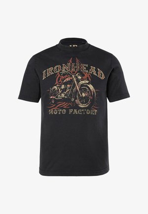 Černé tričko s vintage grafikou motocyklu a nápisy "IRONHEAD" nahoře a "MOTO FACTORY" pod motocyklem.