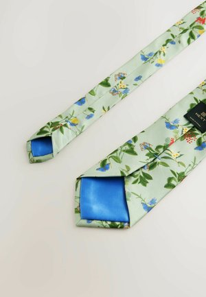 Floral-patterned silk tie featuring a light green base, vibrant blue accents, and a smooth texture, measuring standard tie length.