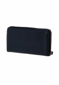 Portefeuille en cuir bleu marine avec une texture lisse, fermeture éclair et design minimaliste. Présente une forme rectangulaire sans éléments matériels visibles.