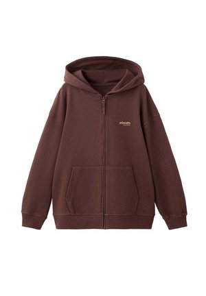 Sweat à capuche zippé marron avec poches avant et petit logo blanc sur la poitrine gauche, présenté sur fond blanc.