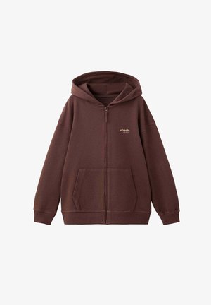 Sweat à capuche zippé marron avec poches avant et petit logo blanc sur la poitrine gauche, présenté sur fond blanc.