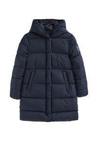 Marinblå pufferjacka med huva, quiltat mönster och dubbla sidofickor. Har dragkedjestängning och mjukt, texturerat tyg.