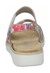 Multicolored sandal with a patterned upper featuring pink, blue, and green geometric designs. Soft footbed and white sole with slight elevation.