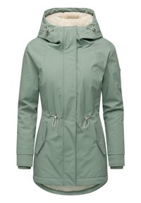 Grüne wasserdichte Jacke mit flauschigem weißen Innenfutter, verstellbarem Kapuzenrand, Kordelzug in der Taille und zwei seitlichen Taschen. Glatte Textur, mittellanges Design.