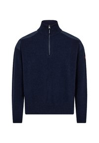 Marineblauer Halb-Reißverschluss-Pullover mit gerippter Textur und Schulterpaneelen in einem glatten Material. Enthält ein kleines Logo am Ärmel.