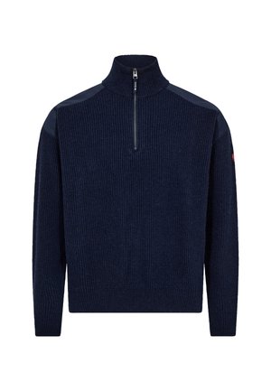 Marineblå halvlynlåset sweater med ribbet tekstur og skulderpaneler i et glat materiale. Inkluderer et lille logo på ærmet.