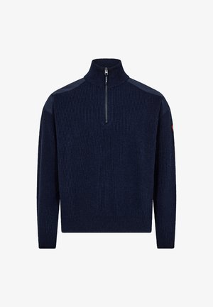 Marineblå halvlynlåset sweater med ribbet tekstur og skulderpaneler i et glat materiale. Inkluderer et lille logo på ærmet.