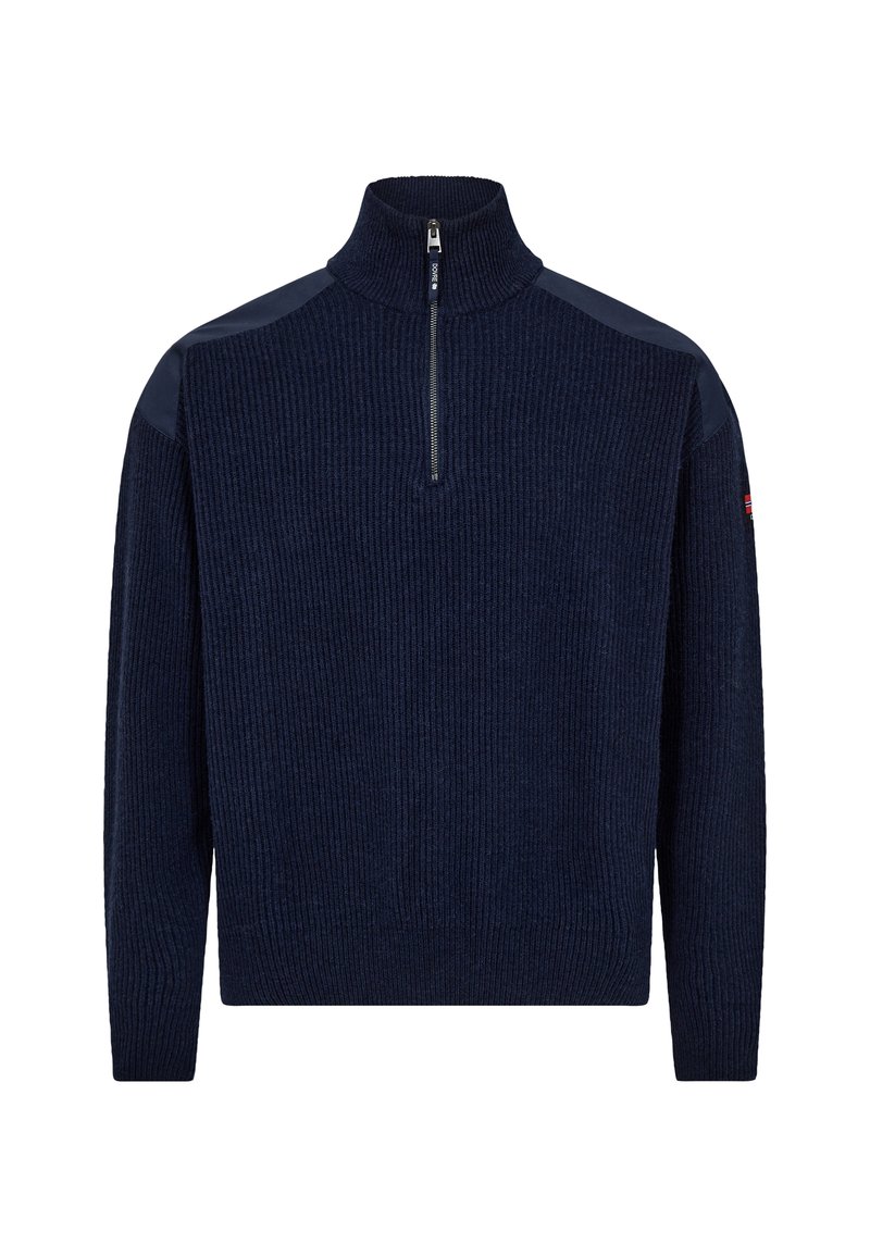 Marineblauer Halb-Reißverschluss-Pullover mit gerippter Textur und Schulterpaneelen in einem glatten Material. Enthält ein kleines Logo am Ärmel.