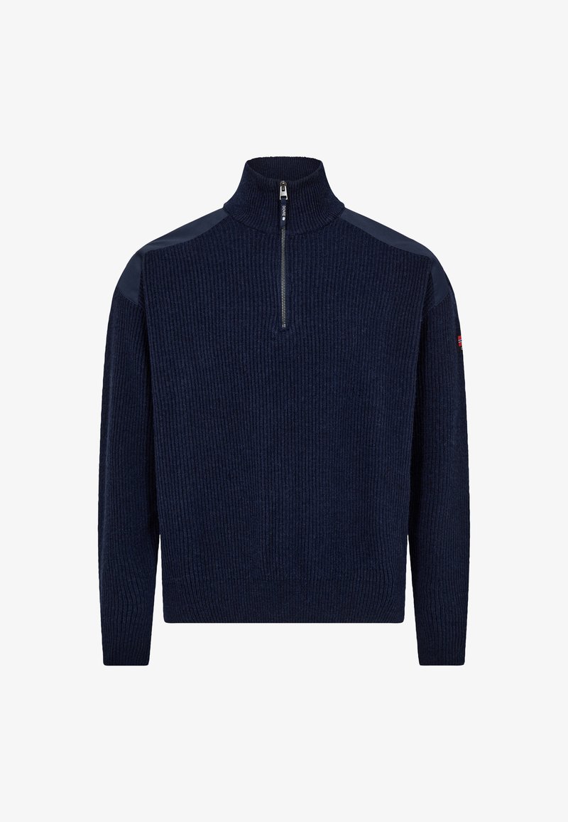 Marineblauer Halb-Reißverschluss-Pullover mit gerippter Textur und Schulterpaneelen in einem glatten Material. Enthält ein kleines Logo am Ärmel.