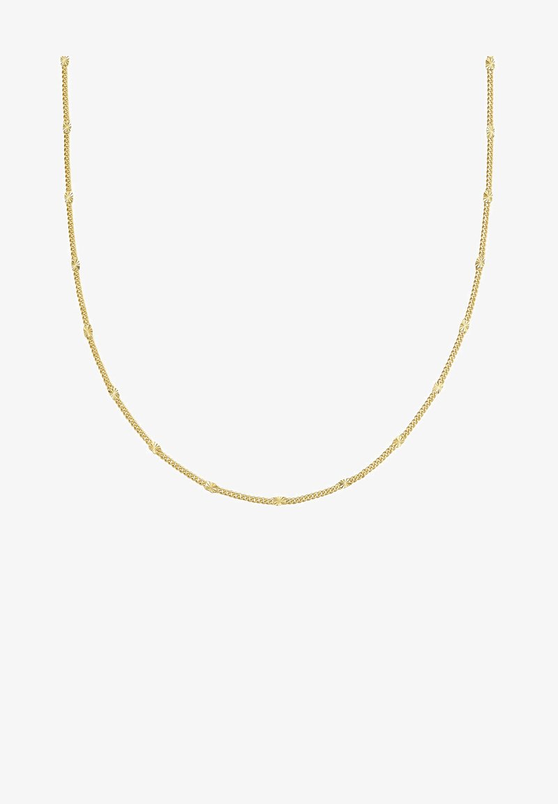 Kuldatud kettkaelakee keeratud linkidega ja väikeste tähtkujuliste aktsentidega, omades sileda tekstuuri ja ühtlast viimistlust.