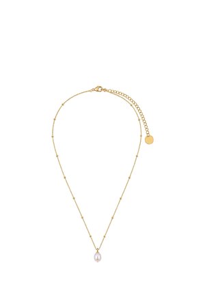 Delicata collana a catena in oro con piccole perline e un unico ciondolo con perla bianca, dotata di chiusura regolabile e catena di estensione.