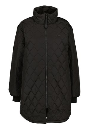Black quilted jacket with a high collar, full-front zipper, and ribbed cuffs. Features a textured pattern throughout the fabric.