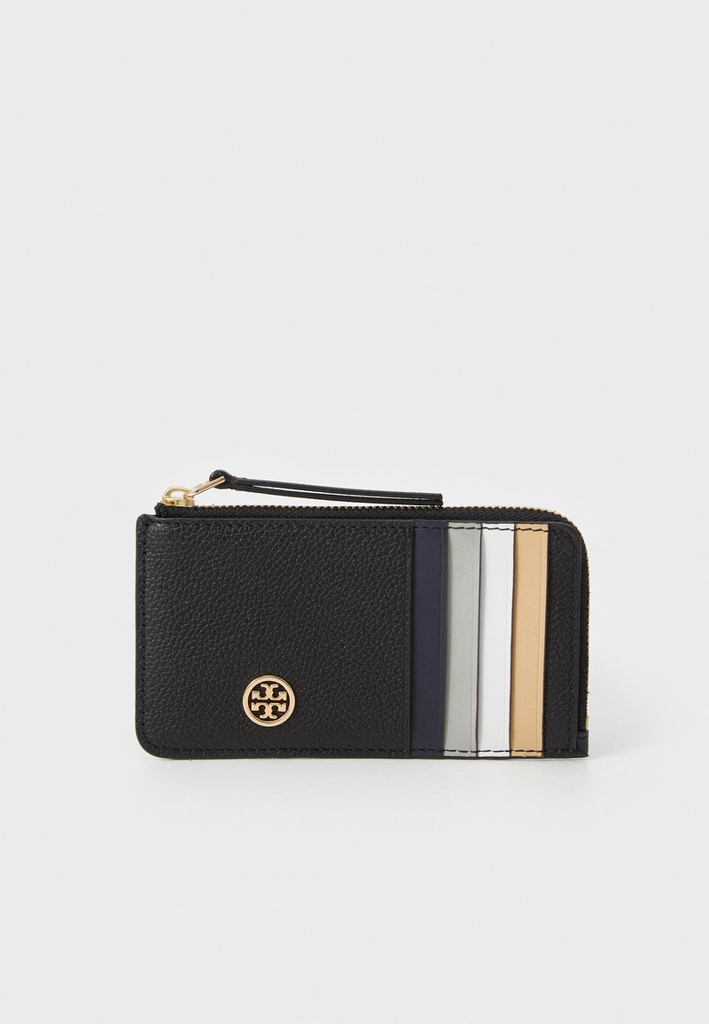 Black textured leather wallet with a gold logo. Features six card slots in alternating colors: black, navy, gray, white, beige, and tan. Zipper closure.