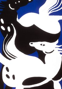 Abstrakcyjna sztuka przedstawiająca sylwetki czarnych i białych koni na niebieskim tle, z płynymi liniami i gładkimi kształtami.