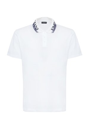 Wit poloshirt met korte mouwen, geknoopte knoopsluiting en een verloopkraag met gedurfde zwarte "EMPORIO ARMANI" tekst.