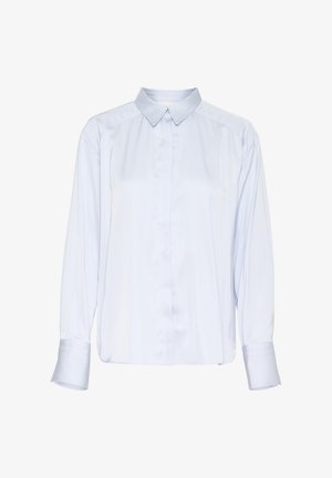 Jasnoniebieska koszula z długim rękawem, wykonana z gładkiej tkaniny, z zapięciem na guziki z przodu, klasycznym kołnierzykiem i mankietami.