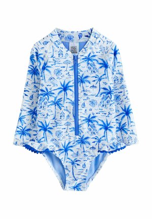 Blue and white rash guard swimsuit featuring a zip front, short sleeves, palm tree and beach prints, with textured ruffle accents on legs.