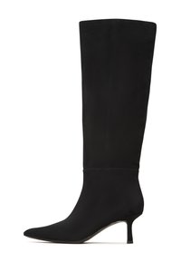 Black knee-high boot in a smooth, matte fabric. Features a pointed toe and a slim, elegant heel. Sleek design with no visible hardware.