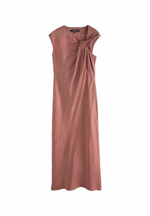 Ärmelloses, bodenlanges Kleid aus softem Rosen-Satin. Mit einem gedrehten Knotendetail an der Vorderseite und einer fließenden Silhouette. Sanfte Textur.