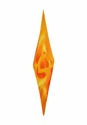 Bright orange flag-shaped design featuring a stylized logo in the center. Smooth texture with a vibrant flame pattern and pointed ends.