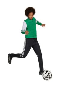 Groen sportshirt met lange mouwen en witte accenten, gecombineerd met zwarte sportbroeken met drie strepen langs de zijkant; zwarte voetbalschoenen en bal.