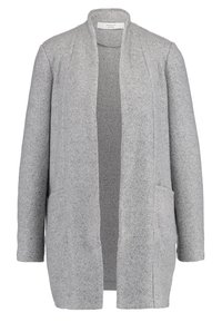 Dlouhý kabát z šedé vlněné směsi bez límce, s předními kapsami a texturovanou vnitřní podšívkou. Rovný střih s jemným povrchem.