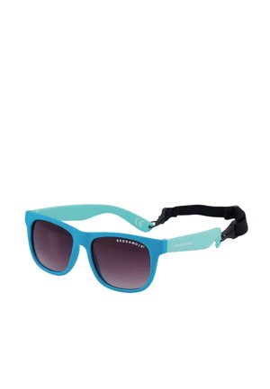 Aqua blå solbriller med mørke gradientlinser, firkantet form og justerbar sort rem; har branding på stængerne.