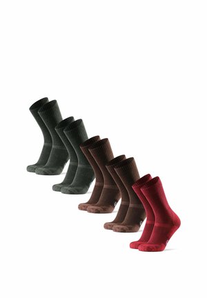 Six paires de chaussettes mi-mollet en noir, gris foncé, marron et rouge disposées en diagonale sur un fond blanc.