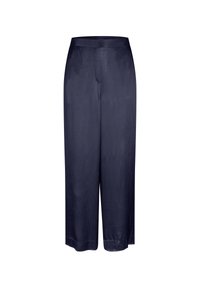 Pantalones de pierna ancha en color navy, confeccionados en una tela suave, con cinturilla elástica y un corte recto sin herrajes ni adornos visibles.