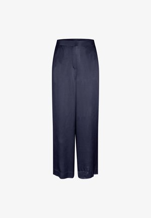 Marinefarbene weit geschnittene Hose aus glattem Stoff, mit einem elastischen Bund und einem geraden Schnitt ohne sichtbare Beschläge oder Verzierungen.