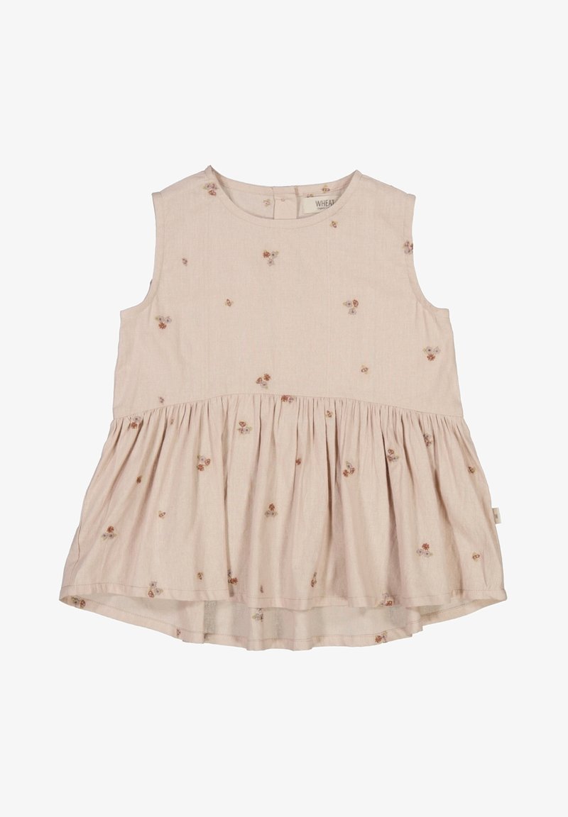 Robe sans manches beige clair pour tout-petit avec petit imprimé floral marron et orange et détail jupe froncée.