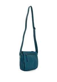 Tyrkysová kožená crossbody taška s jedním nastavitelným popruhem, přední zipovou kapsou a hladkým povrchem. Disponuje minimalistickým designem a mosaznými akcenty.