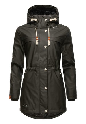 Black waterproof jacket with a hood, drawstrings, snap buttons, two zippered side pockets, and elastic waist, featuring a smooth texture.
