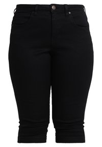 Mustat denim-capripuvut, joissa on vartalonmyötäinen muotoilu, edessä napitus, viisi taskua ja sileä, hieman joustava kangas.