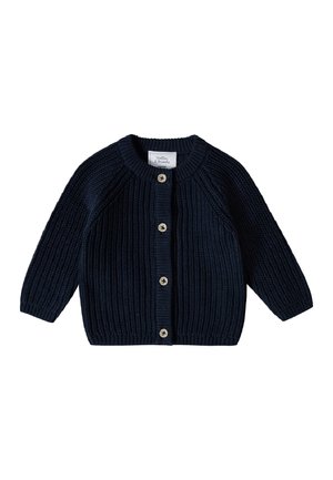 Marineblauer Strickcardigan mit gerippter Textur, Rundhalsausschnitt, langen Ärmeln und fünf Holzknöpfen vorne.