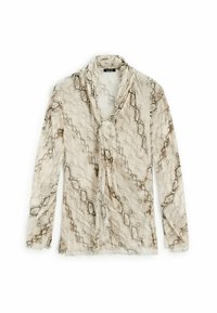 Blouse beige à manches longues avec motif imprimé serpent et col écharpe drapé, tissu léger et transparent.