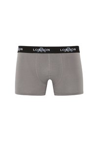Gray boxer briefs with a black waistband featuring "LONDON" in white text. Smooth fabric, fitted design with a front pouch and flat seams.